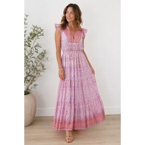 Alicia Bell Hand Block Print Maxi Dress L Lilac Pink Boho Tassel Flutter Sleeve